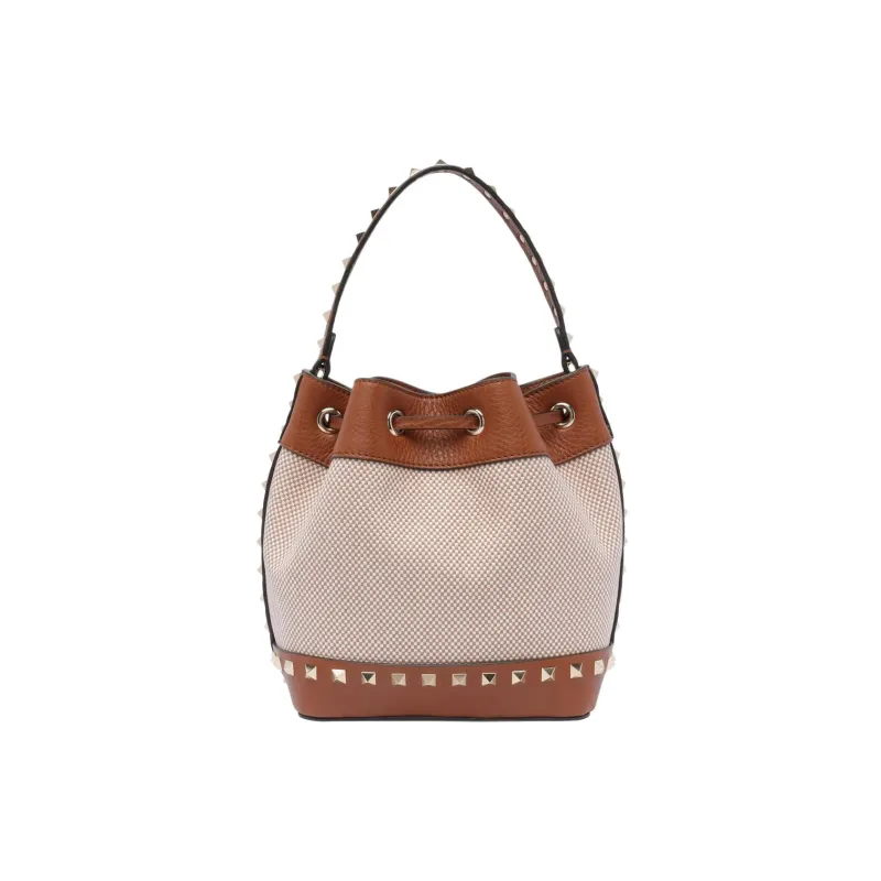 Valentino Rockstud Fabric Bucket Bags One Shoulder Handbags Women's Brown & Beige-2