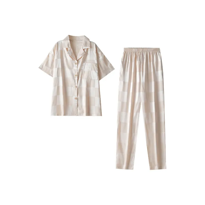 BONAS Pajama Set Women's Solid Color Plaid-0