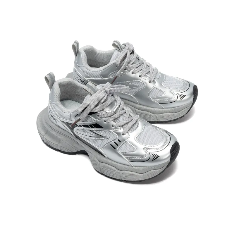 HUANQIU Breathable Lightweight Height Increasing Low Top Chunky Sneakers Women's Silver-4