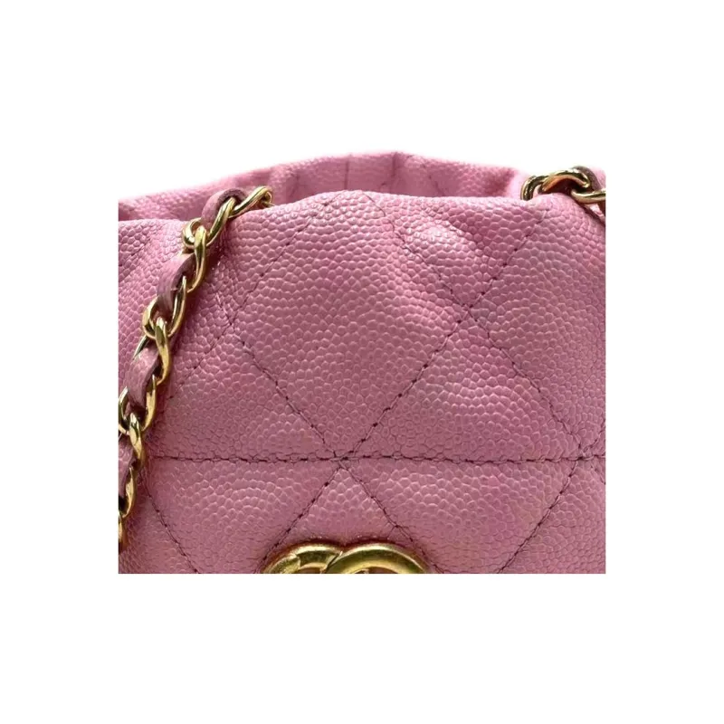 CHANEL Litchi Grain Embossed Calfskin Bucket Bag, One Shoulder Crossbody Clutch Women's Pink-3