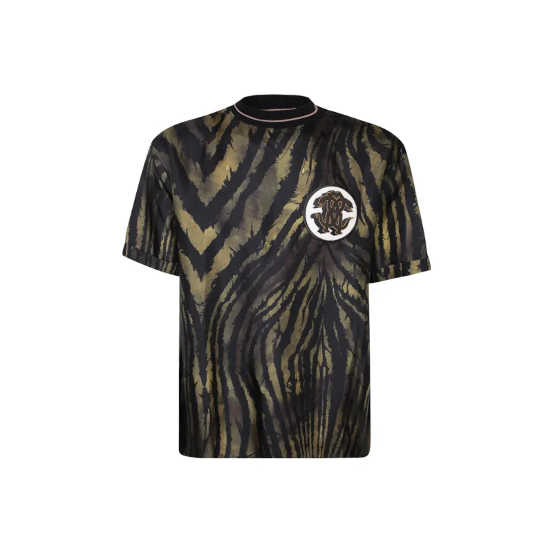 Roberto Cavalli Tiger print Logo patch Silk T shirt-0