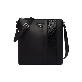 PRADA Saffiano Crocodile Leather Trim Shoulder Bag Crossbody Bag Regular Men's Black