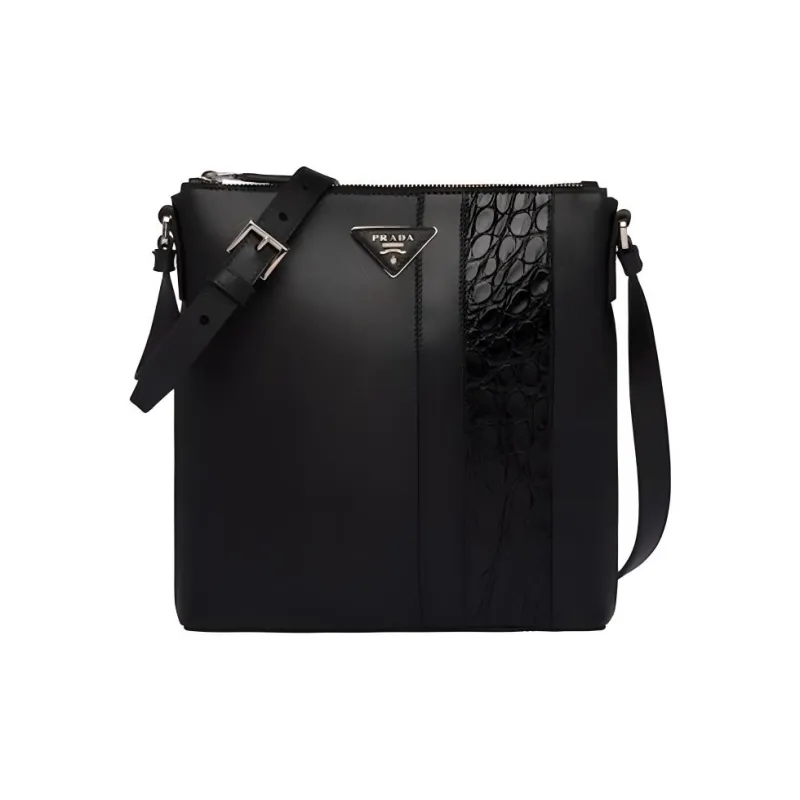 PRADA Saffiano Crocodile Leather Trim Shoulder Bag Crossbody Bag Regular Men's Black-0