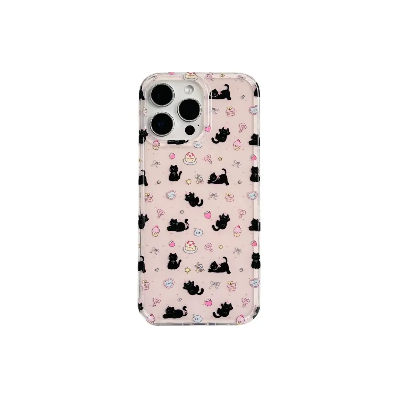 Sopi Acrylic Material Pink Base Dessert Black Cat Phone Cases Compatible With IPhone 16/15 Pro Max/Apple 13/14 Pro/Max-10