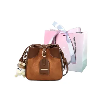 ADOONGA Synthetic Leather Patchwork Fabric Bucket Bag Crossbody Bag Women's Brown