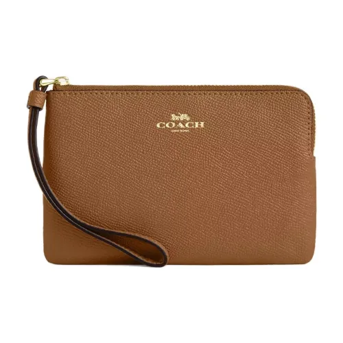 COACH Corner Zip Rain Leather Wrist Bag Clutch Trumpets Women's Honey Brown