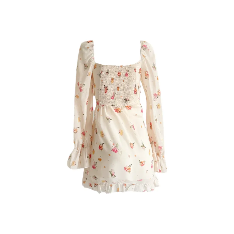 Udon House Long Sleeved Dress Women's Yellow Floral Color-1