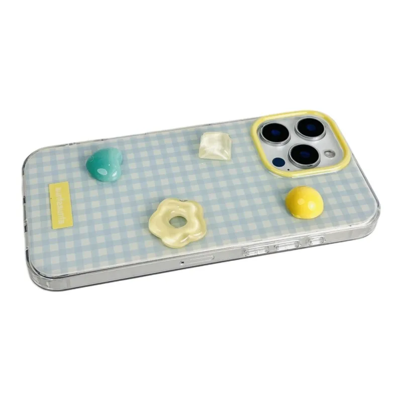 Sopi Acrylic Material Blue Plaid Floral Gemstone Phone Cases Compatible With IPhone 16/15 Pro Max/Apple 13/14 Pro/Max-3