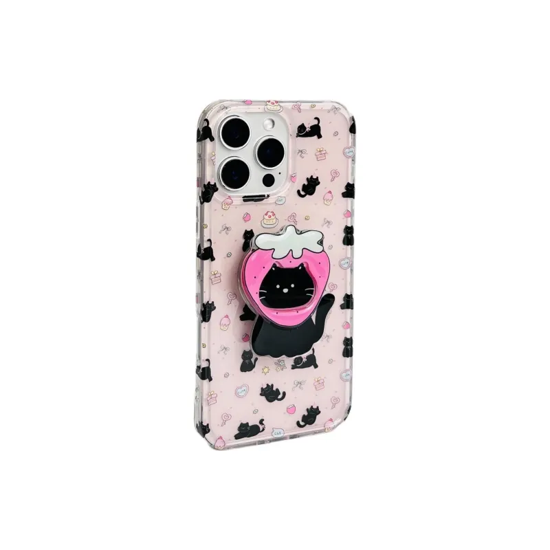 Sopi Acrylic Material Pink Base Dessert Black Cat Phone Cases Compatible With IPhone 16/15 Pro Max/Apple 13/14 Pro/Max-7