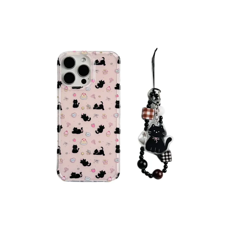Sopi Acrylic Material Pink Base Dessert Black Cat Phone Cases Compatible With IPhone 16/15 Pro Max/Apple 13/14 Pro/Max-3