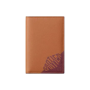CARTIER Calfskin Card Holder Men's Caramel & Burgundy Red