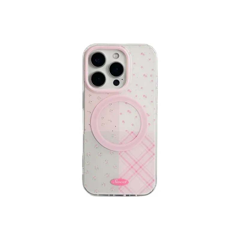 Sopi Acrylic Material Ins Patchwork Pink Floral Phone Cases Compatible With IPhone 16/15 Pro Max/Apple 13/14 Pro/Max-4