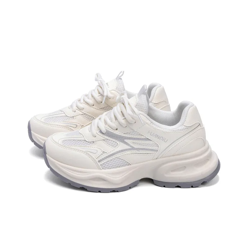 HUANQIU Height Increasing Slip Resistant Low Top Chunky Sneakers Women's Beige Silver-1