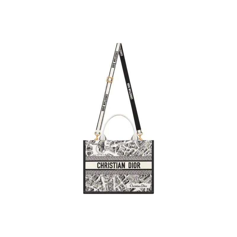 DIOR BookTote Cotton Tote Bag, Shopping Bag, Shoulder Bag, Crossbody Bag, Handbag Medium Size Women's White & Black-1
