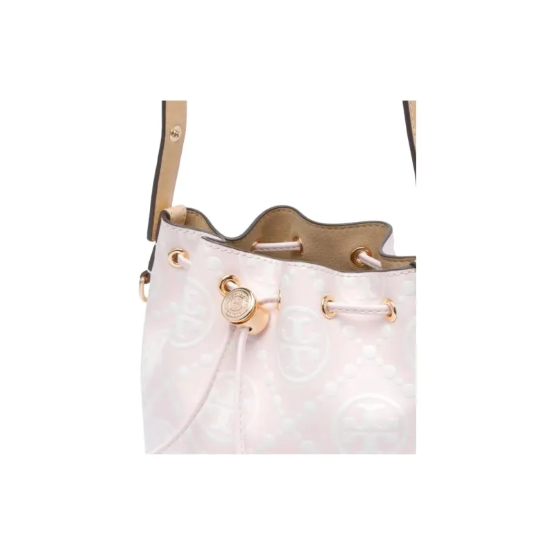 TORY BURCH T Monogram Leather Bucket Bag, One Shoulder Handbag Mini Women's Pink-3