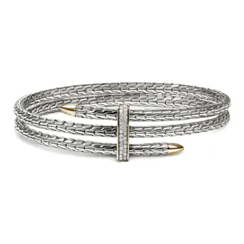 John Hardy 14K Yellow Gold And Sterling Silver Spear Double Flex Diamond Cuff
