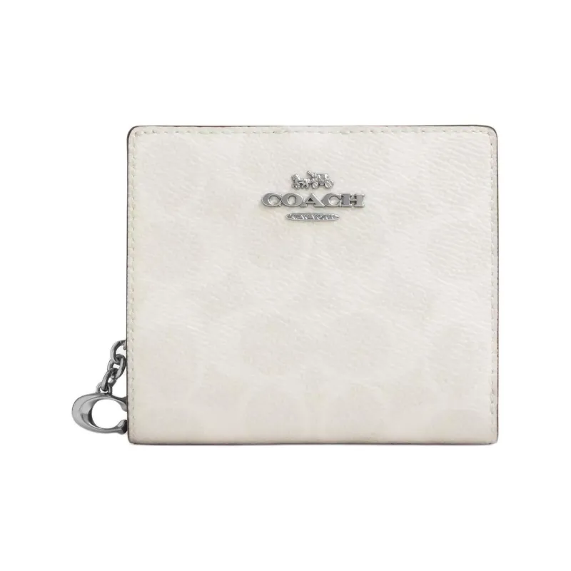 COACH Snap Wallet Leather Wallet Mini Women's Silver & Fabric White & Chalk-0