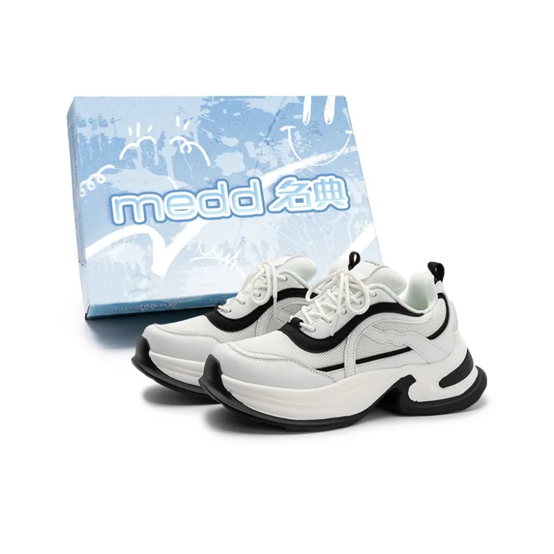 Medd Cushioned Wear Resistant Breathable Lightweight Height Increasing Low Top Chunky Sneakers Unisex White Black-0