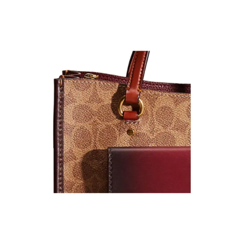 COACH Tyler Canvas With Calfskin Shoulder Bag Crossbody Bag Handbag Large Size Women's Brown & Red-3