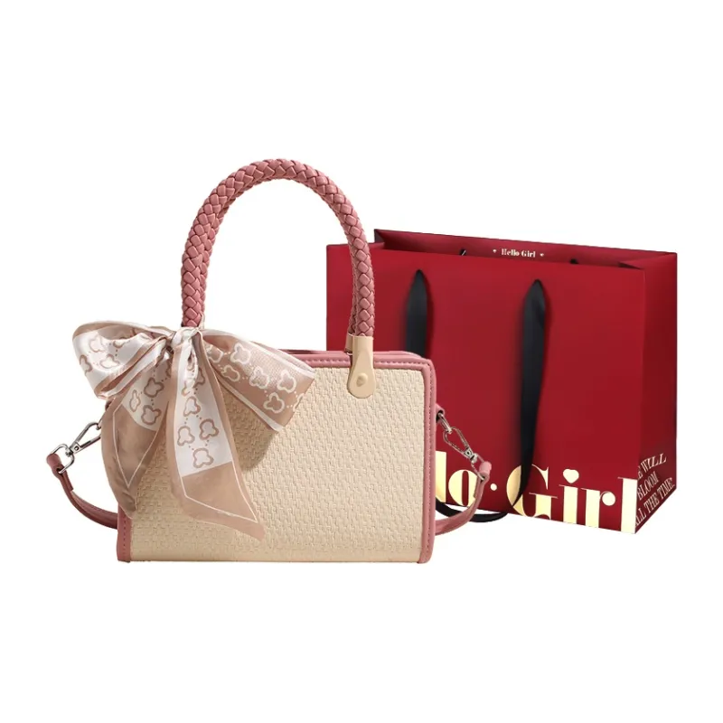 GOX PU With Straw Woven Shoulder Bag Women's Black/Pink/Khaki-7