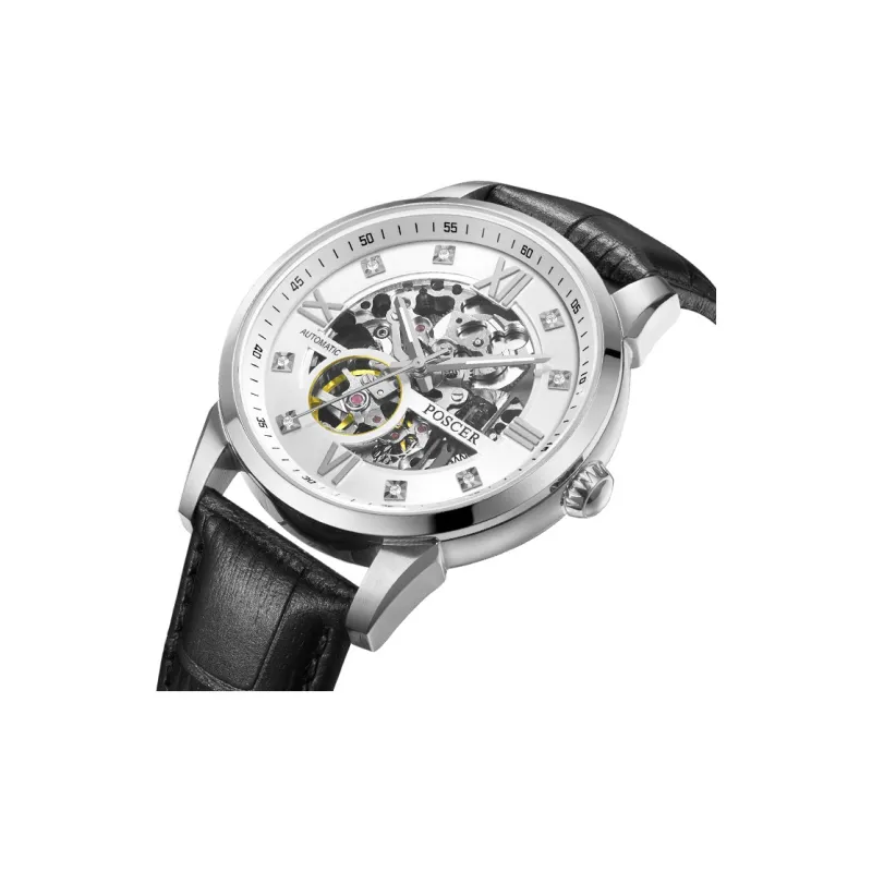 POSCER Automatic Mechanical Movement Leather Watch Bands Watch Men's Watches White Dial-2