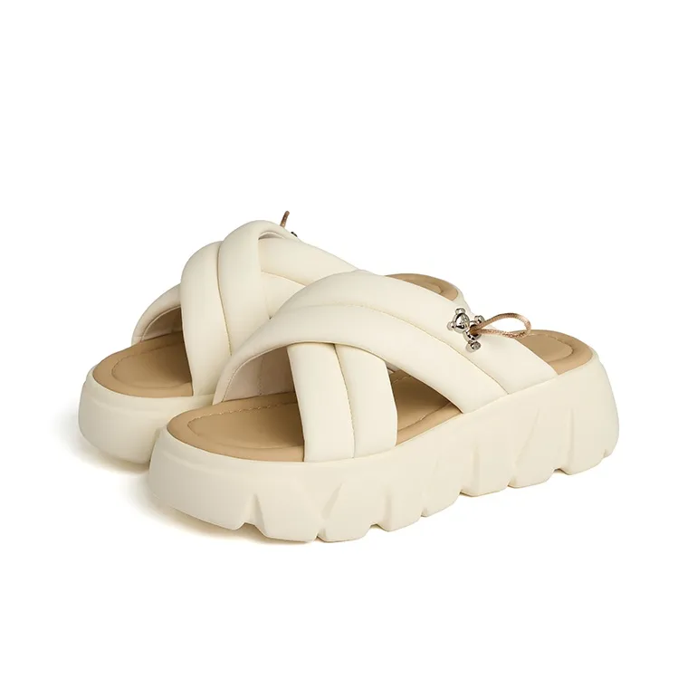 JOSINY Rubber Sole Quiet Slip Resistant Odor Resistant Abrasion Resistant Cushioning Slide Slippers Women's Ecru-1