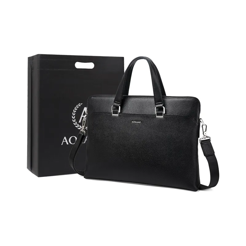 AOKANG Top Grain Cow Leather Briefcase, Laptop Bag, Handbag Regular Men's Classic Black-0