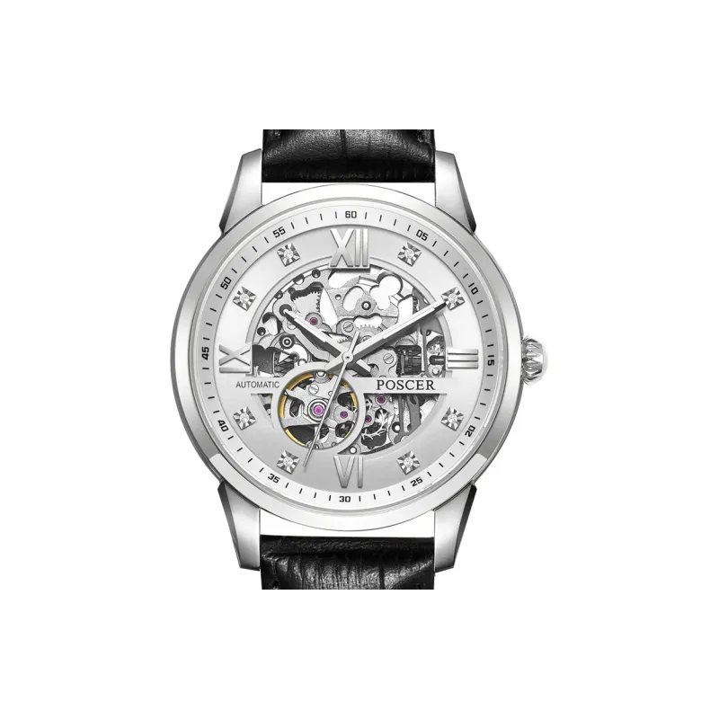 POSCER Automatic Mechanical Movement Leather Watch Bands Watch Men's Watches White Dial-4