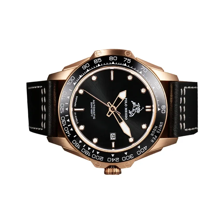 POLOMEISDO Wrist Watch Automatic Mechanical Movement Cowhide Strap 41mm Black Dial Men's Watches Redwood Box-4