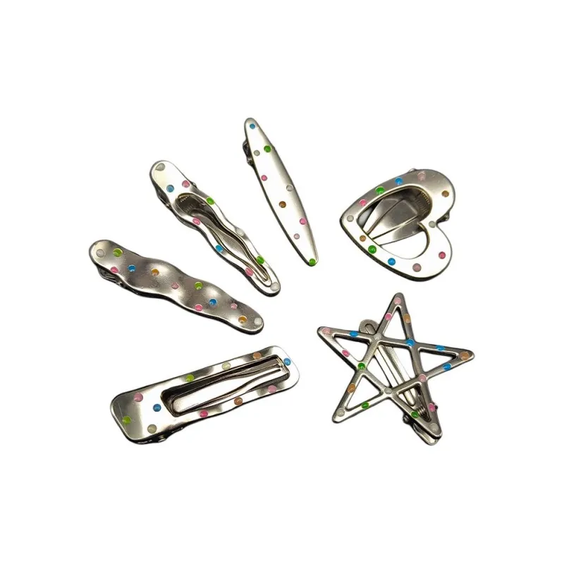 JINGLINGLONG Silver Metal Side Clip Forehead Claw Clip For Stray Hair Slide Side Bangs Clip Oval Polka Dot Design-1
