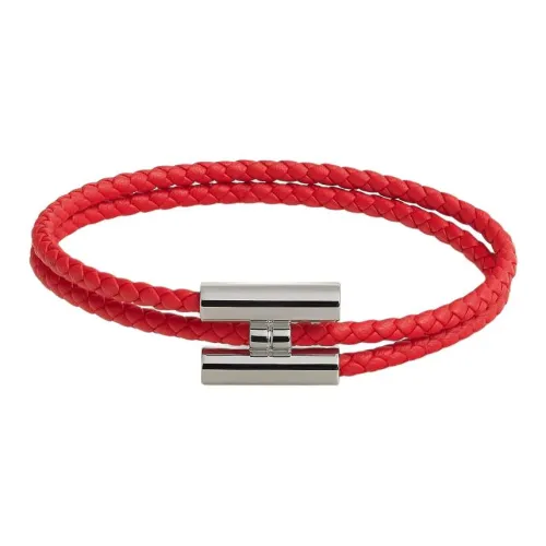 HERMES Palladium Leather Bracelets Unisex Red