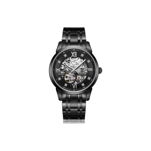 POSCER Automatic Mechanical Movement Stainless Steel Watchband Watch Men's Watches Black Dial