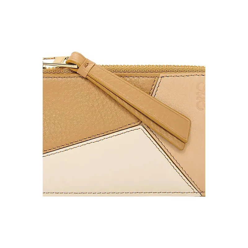 LOEWE Puzzle Cow Leather Coin Card Holder Women's Gray Beige/Gold-4