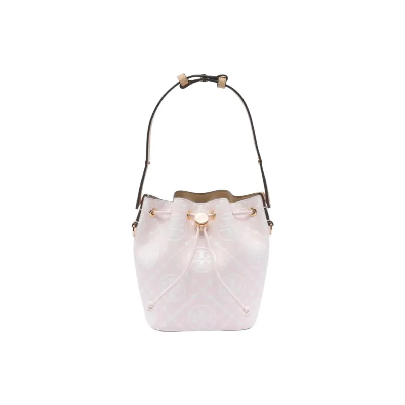 TORY BURCH T Monogram Leather Bucket Bag, One Shoulder Handbag Mini Women's Pink-0