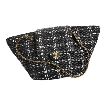 CHANEL Straw Woven With Woolen Basket Bag, Handbag, Shoulder Bag Women's Black