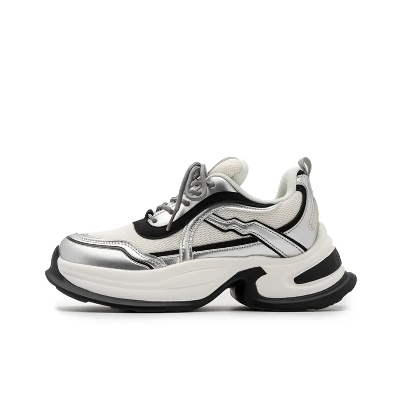 Medd Cushioned Wear Resistant Breathable Lightweight Height Increasing Low Top Chunky Sneakers Unisex Silver Black-1