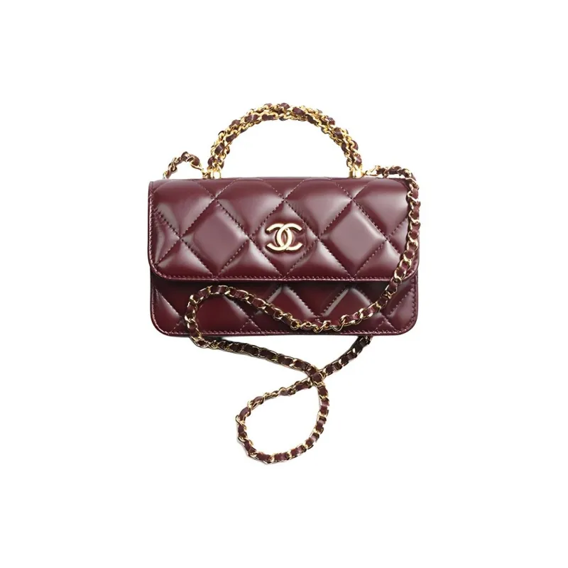 CHANEL Lambskin Portable One Shoulder Crossbody Cell Phone Pouch Women's Burgundy-0
