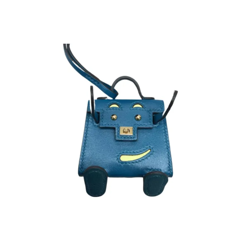 HERMES Kelly Cow Leather Patchwork With Sheepskin Pendant Bag Accessory Women's Blue-2