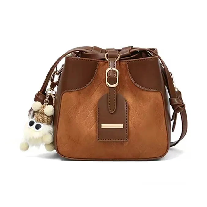 ADOONGA Synthetic Leather, Textile Mosaic Bucket Bag, Crossbody Bag Women's Brown-1