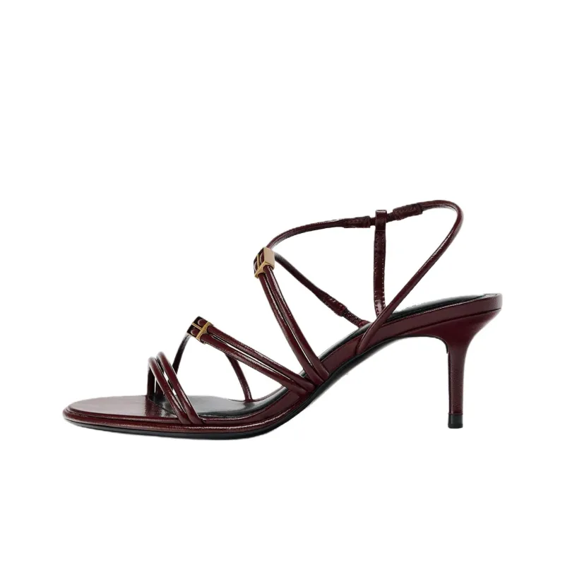 ZARA Strap Sandals 7cm Women's Dark Red-0