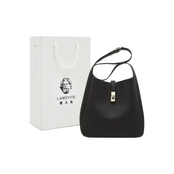 Old Man's Head Top Grain Cow Leather Shoulder Bag Medium Size Women's Black
