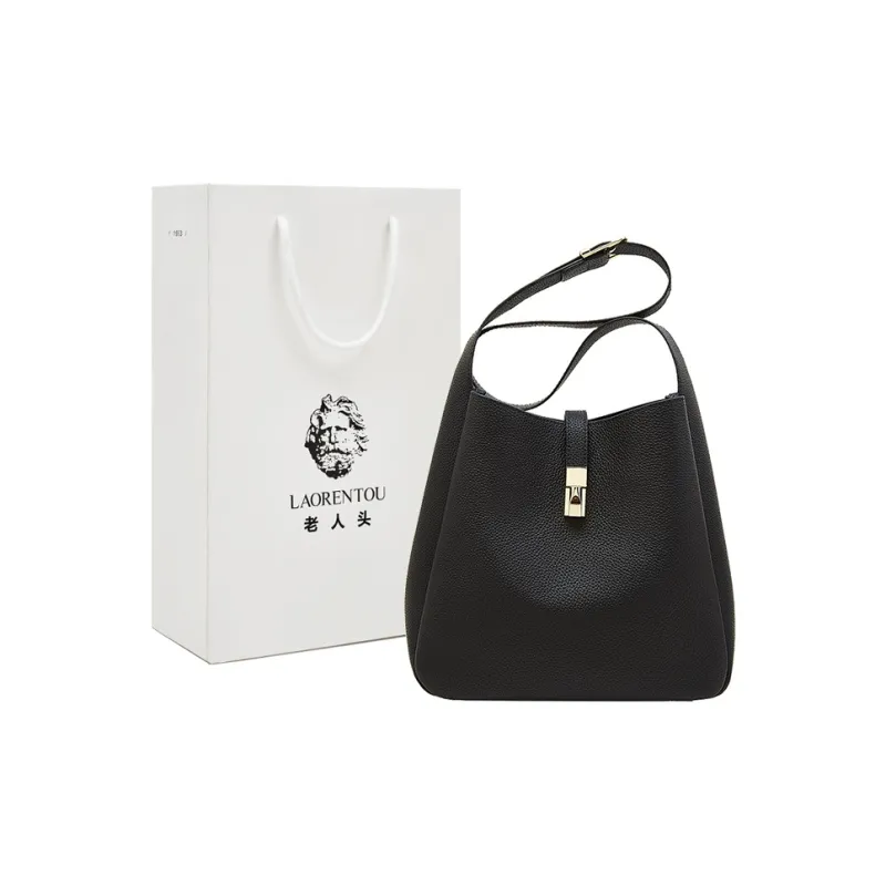 Old Man's Head Top Grain Cow Leather Shoulder Bag Medium Size Women's Black-0