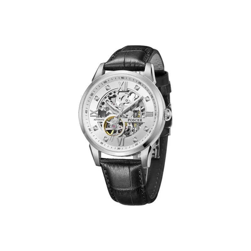 POSCER Automatic Mechanical Movement Leather Watch Bands Watch Men's Watches White Dial-1