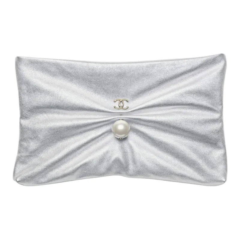 CHANEL Lambskin Clutch Large Size Women's Silver-0