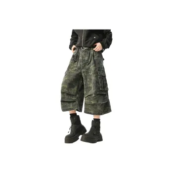 TESTUNG Denim Shorts Unisex Green Camouflage