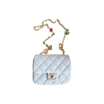CHANEL Lambskin Flap Bag With Zip Closure Shoulder Bag Crossbody Bag Mini Women's Light Gray Blue