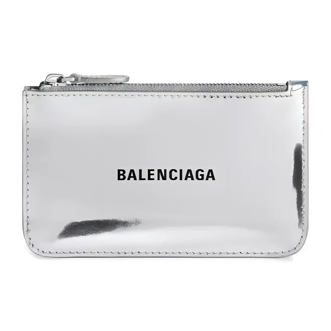 Balenciaga Mirror Finish Effect Calfskin Wallets Card Holders Large Size Women's Silver-0