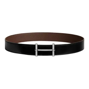 HERMES Metal, Palladium Plated, Calfskin Leather Belts Men's Black Width 3.8cm