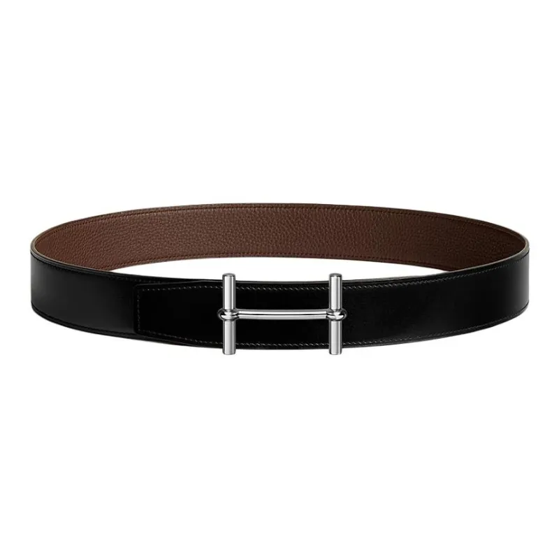 HERMES Metal, Palladium Plated, Calfskin Leather Belts Men's Black Width 3.8cm-0