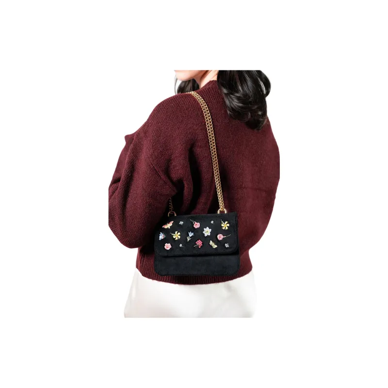 Fable Polyester Crossbody Bag Shoulder Bag Medium Size Women's Black Floral-4